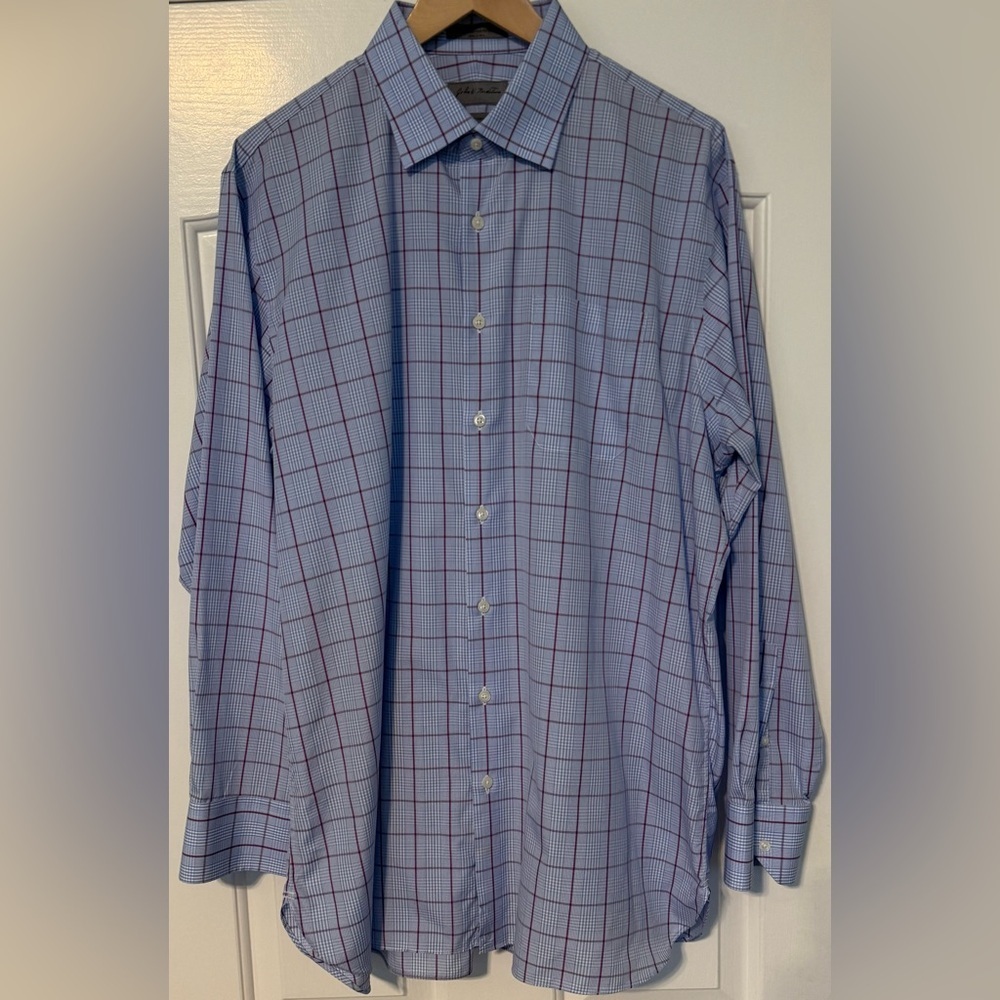 EUC ⚡️ John W. Nordstrom Blue Windowpane Plaid Cotton Dress Shirt | 17 / 36